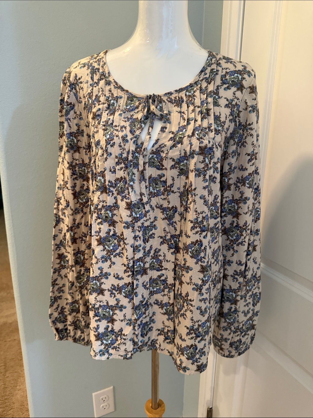 Lucky Brand Cream Blouse with Blue Floral Print and Tie Neck